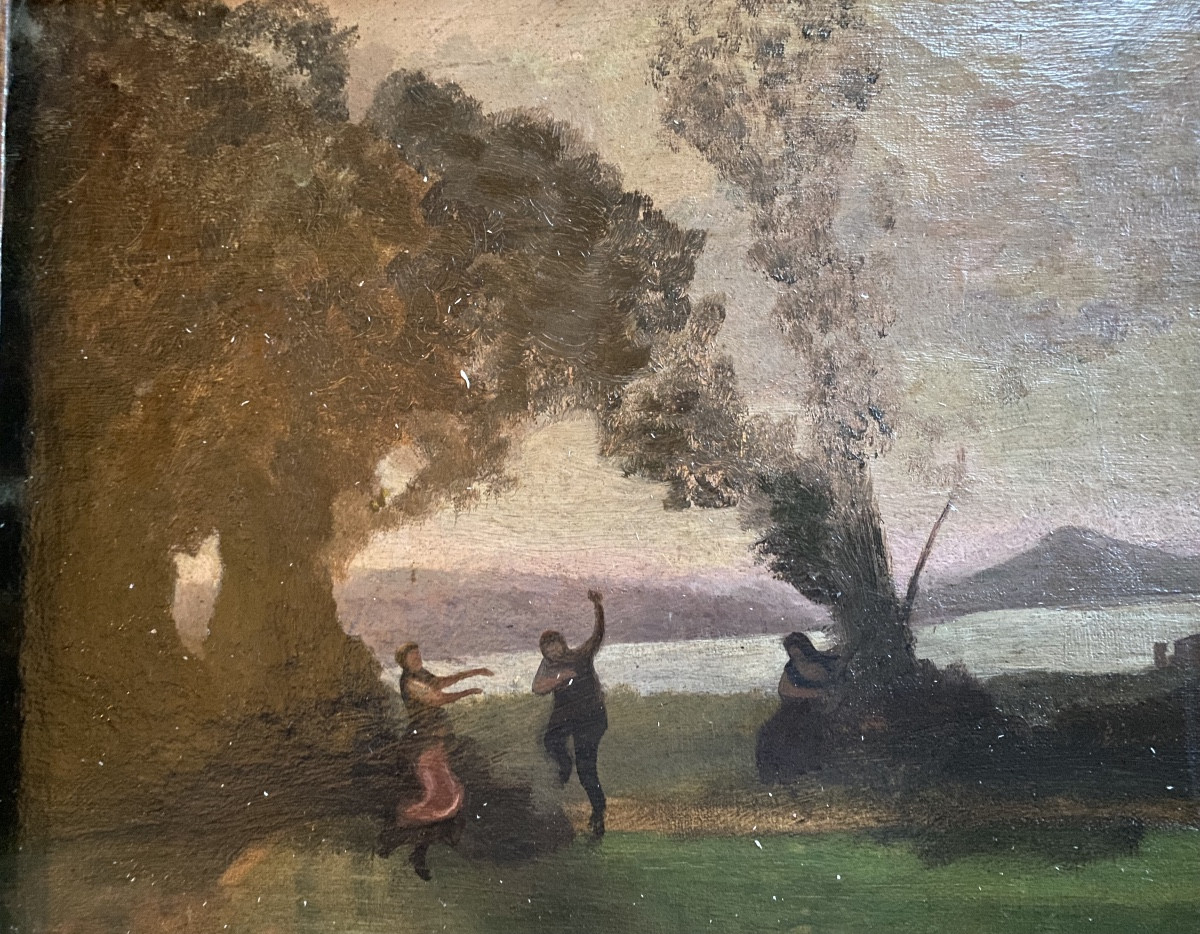 Ecole de "Camille Corot" 19ème encadrée : Danse en aparté sous les ombrages du lac début soirée-photo-8