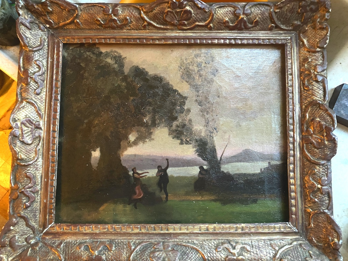 Ecole de "Camille Corot" 19ème encadrée : Danse en aparté sous les ombrages du lac début soirée