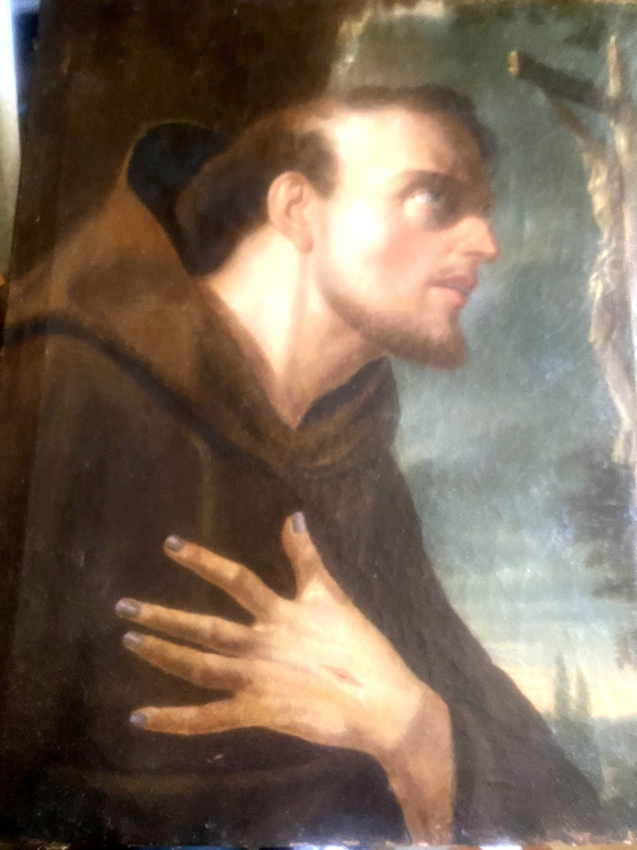 Beau portrait 18ème de Saint-François en Prière aux stigmates huile sur toile châssis d'origine-photo-4