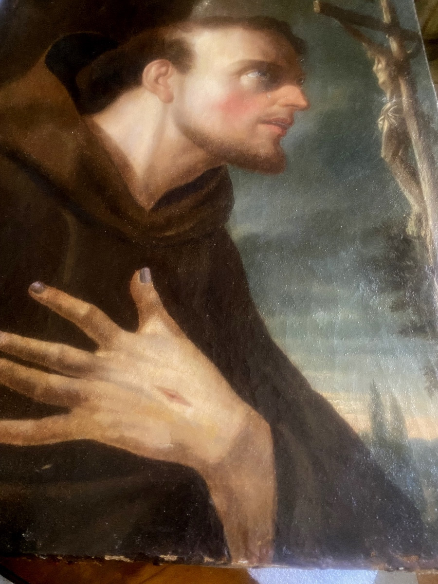Beau portrait 18ème de Saint-François en Prière aux stigmates huile sur toile châssis d'origine-photo-6