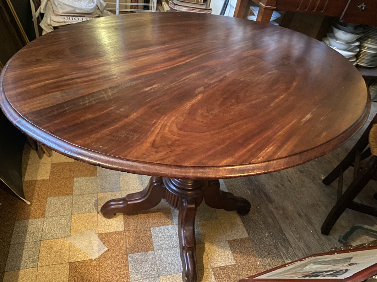 Generous Oval English Pedestal Table, 19th Century, With An Ornate Central Pedestal In Red Mahogany And A Swiveling Top-photo-2