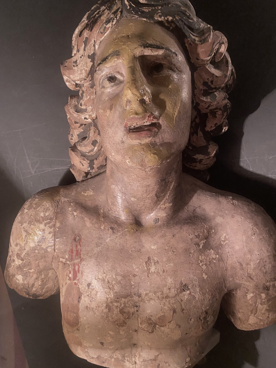 Important Head Of Saint-sébastian In Linden Polychrome Sculpted Louis XIV-photo-3