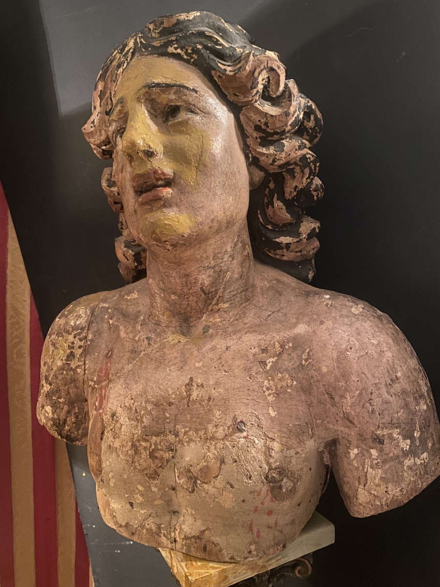 Important Head Of Saint-sébastian In Linden Polychrome Sculpted Louis XIV