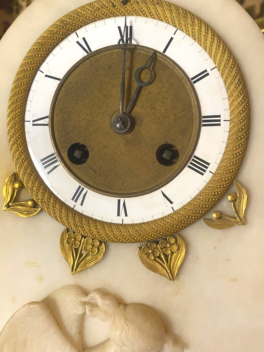 High-quality Charles X Period Carved Alabaster Clock With A Wheel-shaped Enamel Dial And Bronze-photo-2