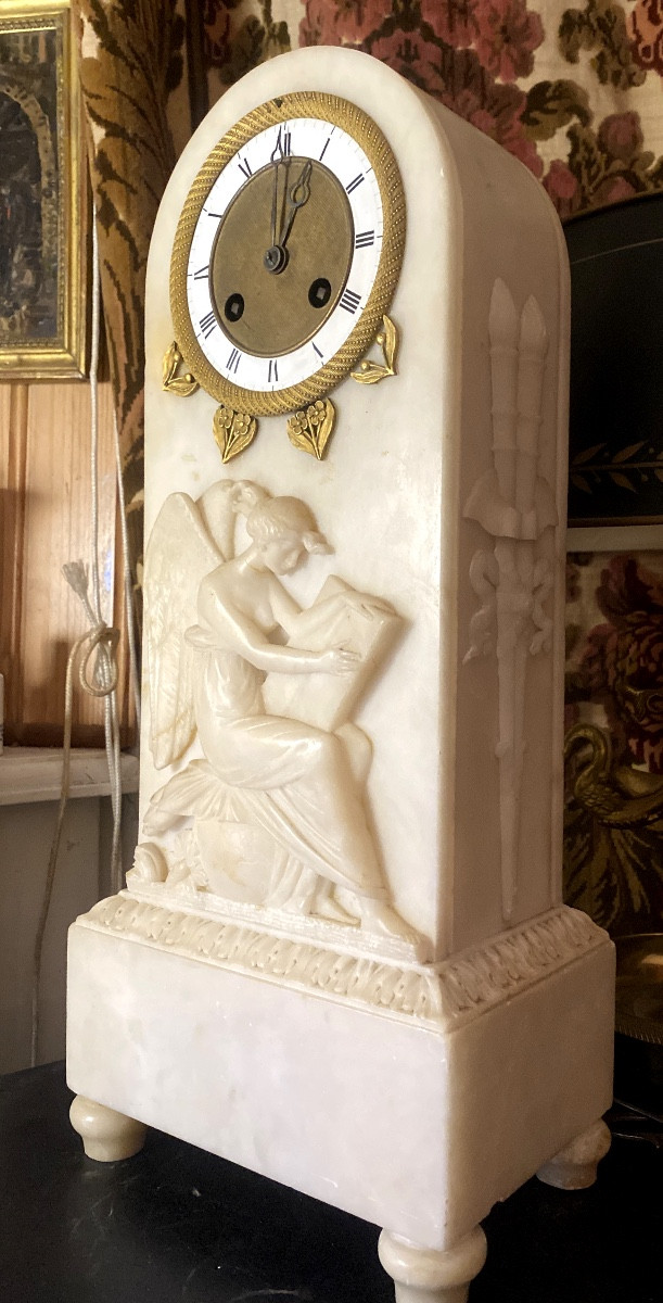 High-quality Charles X Period Carved Alabaster Clock With A Wheel-shaped Enamel Dial And Bronze-photo-5