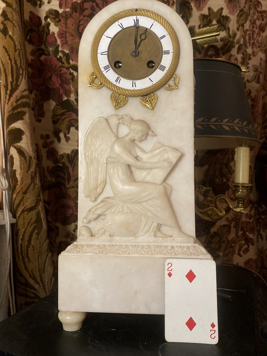 High-quality Charles X Period Carved Alabaster Clock With A Wheel-shaped Enamel Dial And Bronze-photo-2