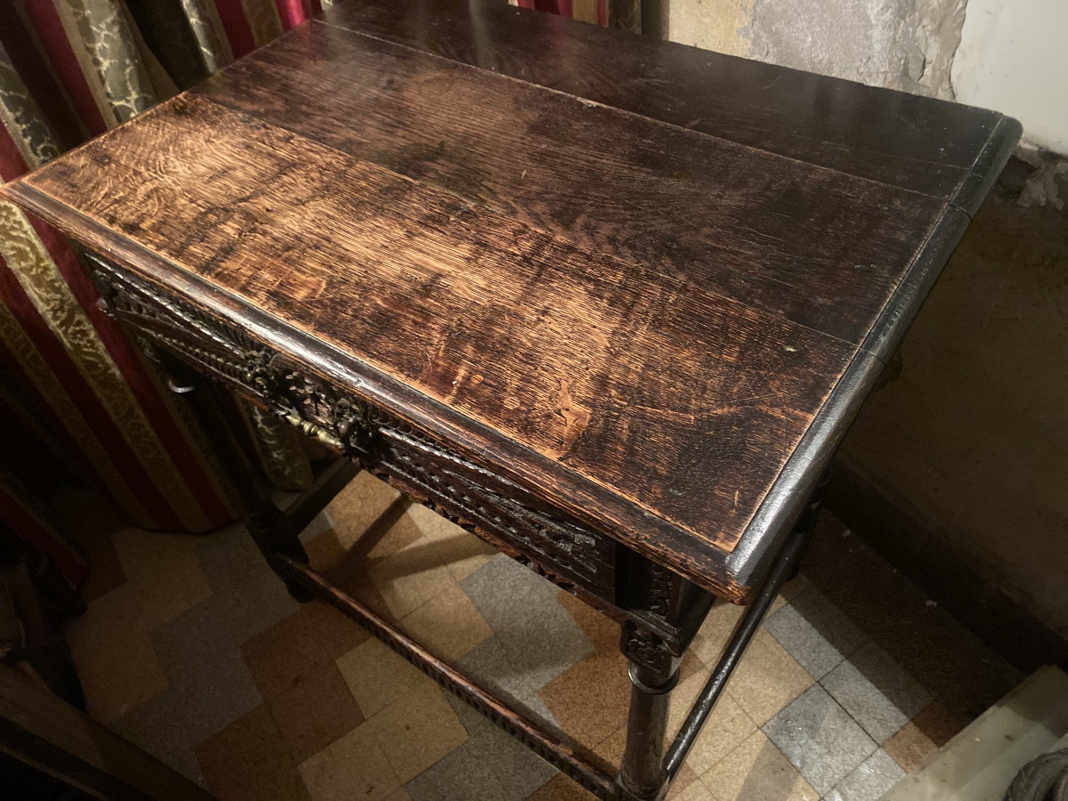 Ravissante table console en chêne a traverses,  façade sculptée, de style Louis XIII un tiroir -photo-7