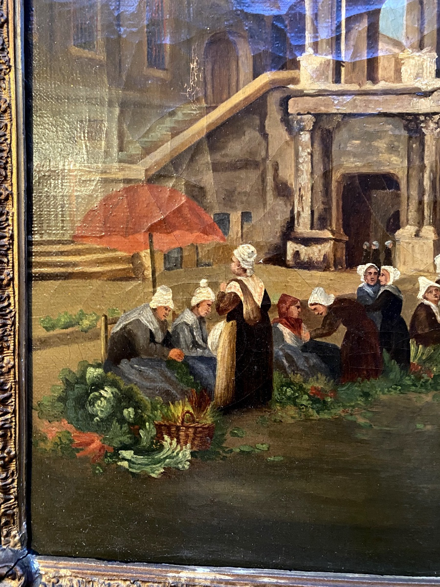 L'étal aux légumes devant la Chapelle "La Fierté Saint Romain" de Rouen H/toile Encadrée XIXème-photo-3