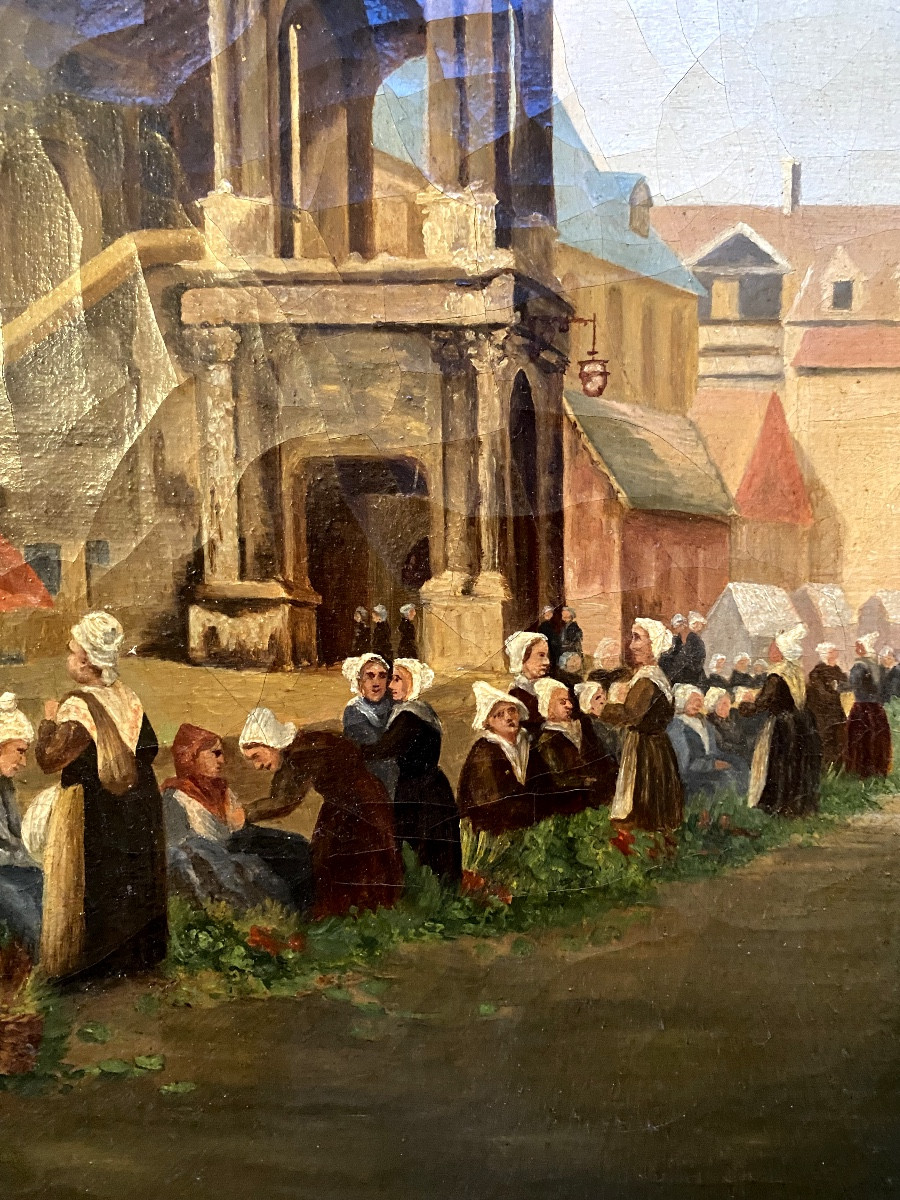 L'étal aux légumes devant la Chapelle "La Fierté Saint Romain" de Rouen H/toile Encadrée XIXème-photo-4