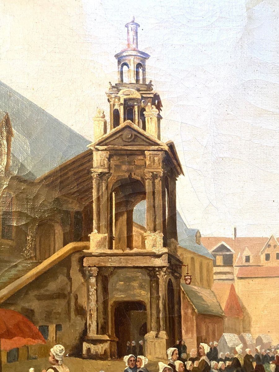 L'étal aux légumes devant la Chapelle "La Fierté Saint Romain" de Rouen H/toile Encadrée XIXème-photo-1