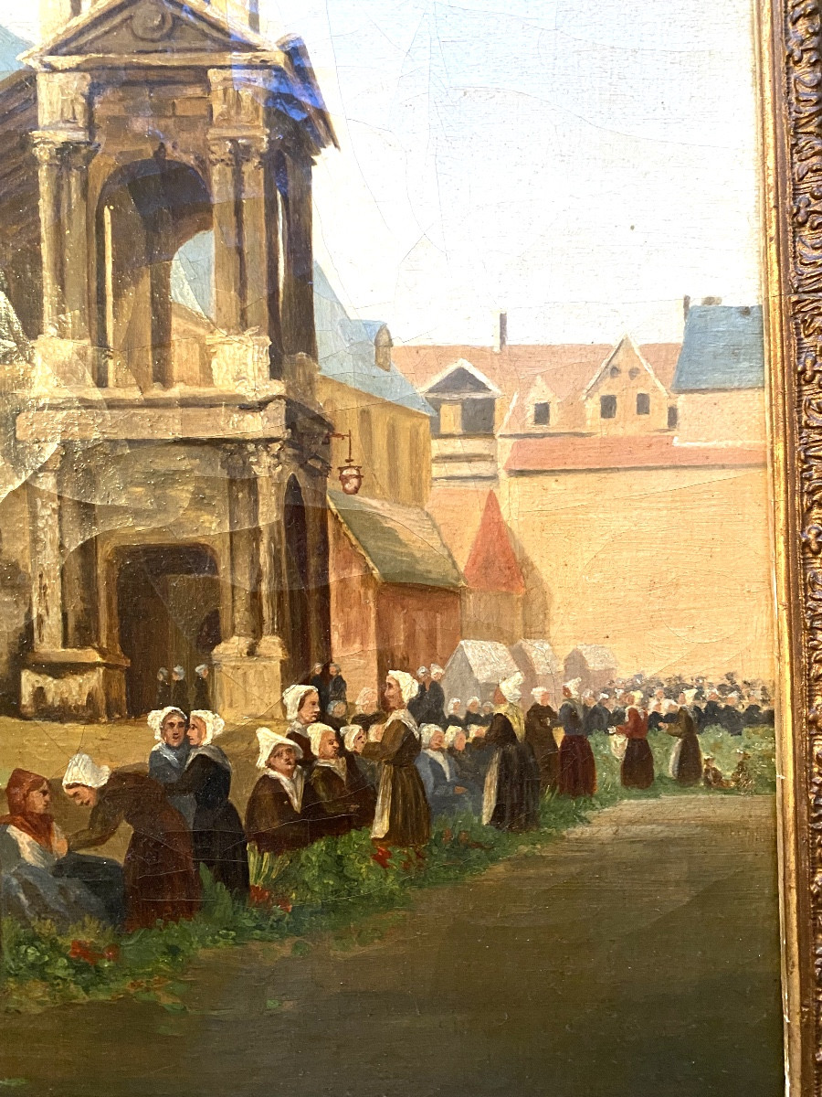 L'étal aux légumes devant la Chapelle "La Fierté Saint Romain" de Rouen H/toile Encadrée XIXème-photo-2