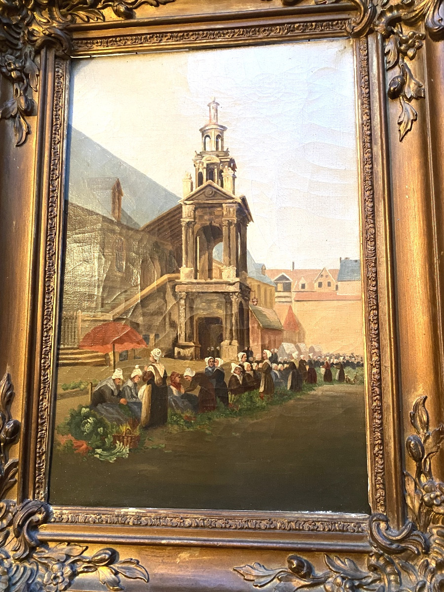 L'étal aux légumes devant la Chapelle "La Fierté Saint Romain" de Rouen H/toile Encadrée XIXème-photo-3