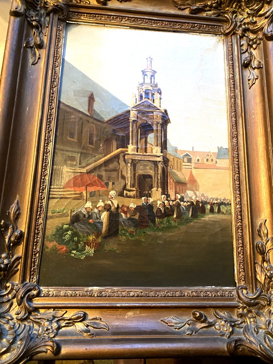 L'étal aux légumes devant la Chapelle "La Fierté Saint Romain" de Rouen H/toile Encadrée XIXème-photo-4