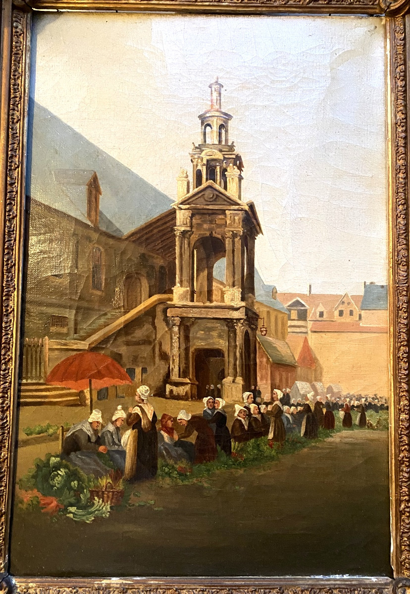 L'étal aux légumes devant la Chapelle "La Fierté Saint Romain" de Rouen H/toile Encadrée XIXème-photo-5