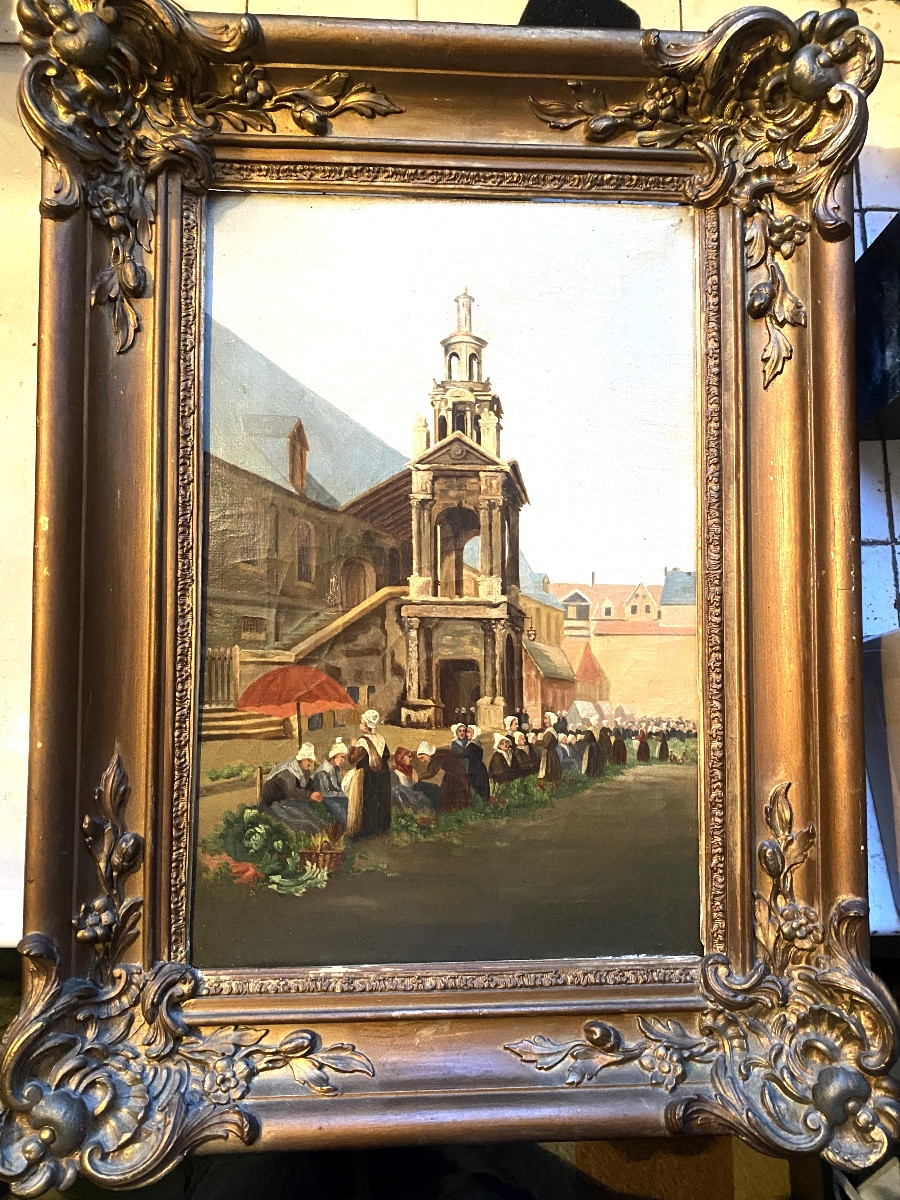 L'étal aux légumes devant la Chapelle "La Fierté Saint Romain" de Rouen H/toile Encadrée XIXème