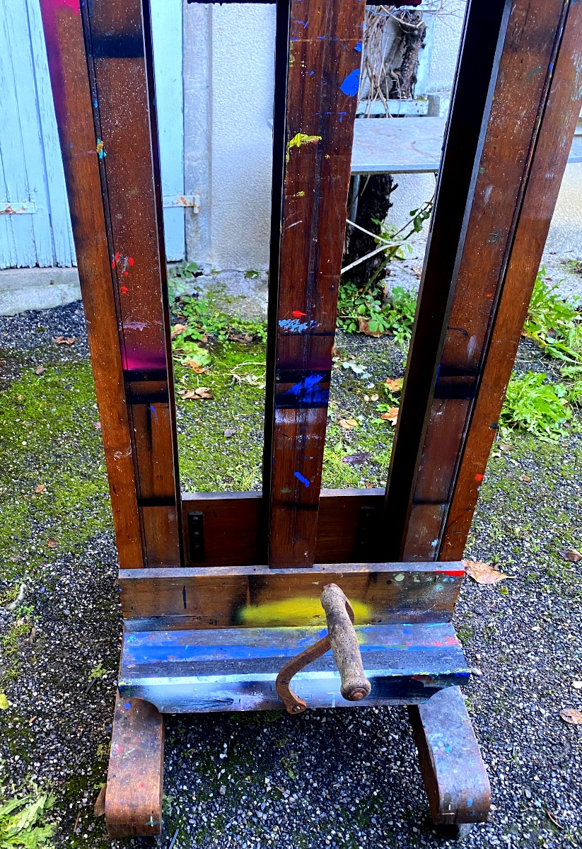 Géant Chevalet de Peintre en chêne XIXème bifaces a manivelle de" Paul Delvaux ", Peintre Belge-photo-2