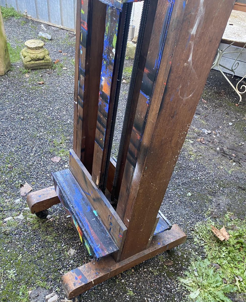 Géant Chevalet de Peintre en chêne XIXème bifaces a manivelle de" Paul Delvaux ", Peintre Belge-photo-4