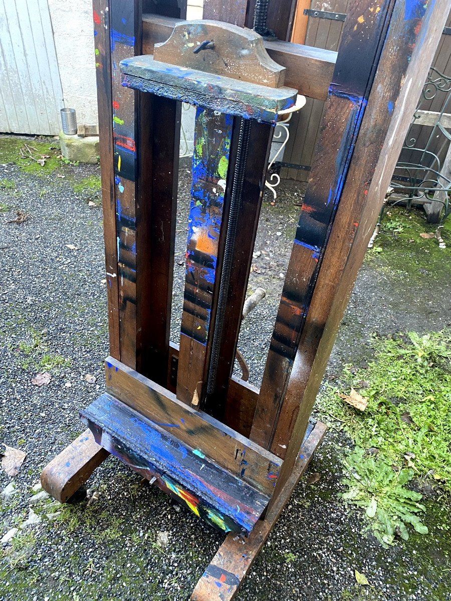 Géant Chevalet de Peintre en chêne XIXème bifaces a manivelle de" Paul Delvaux ", Peintre Belge-photo-1