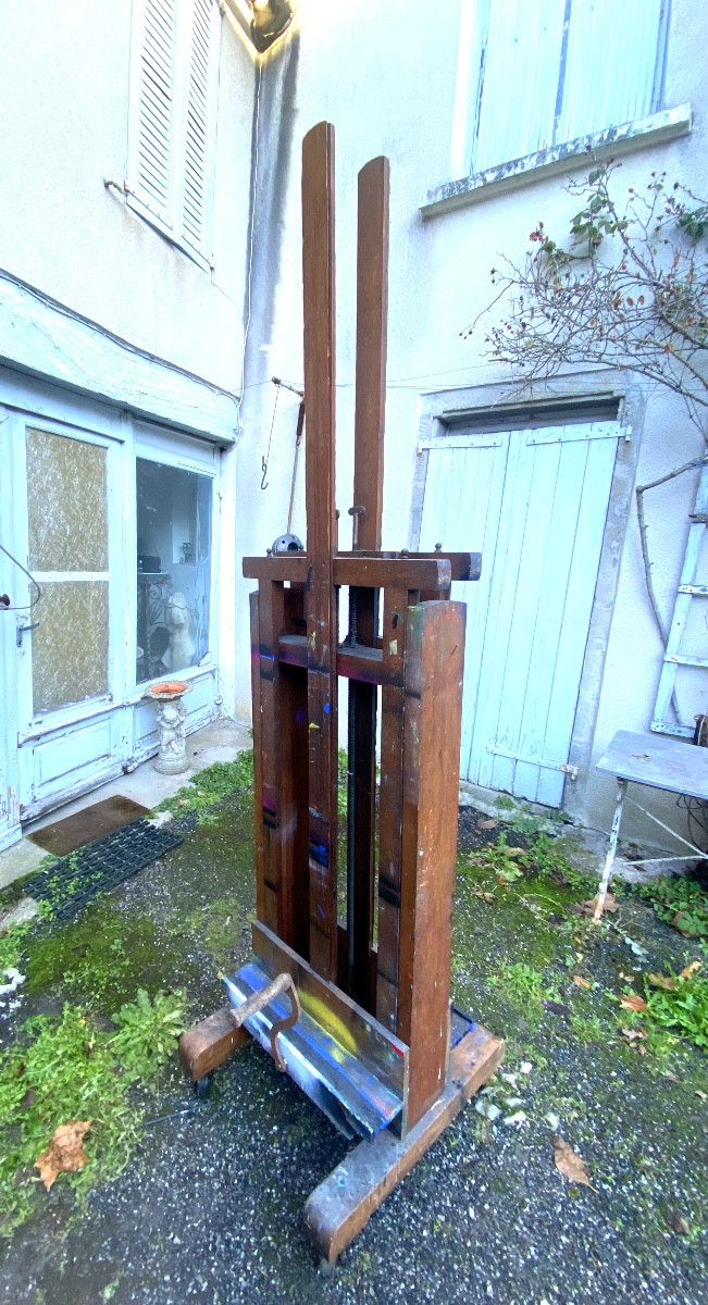 Géant Chevalet de Peintre en chêne XIXème bifaces a manivelle de" Paul Delvaux ", Peintre Belge-photo-2