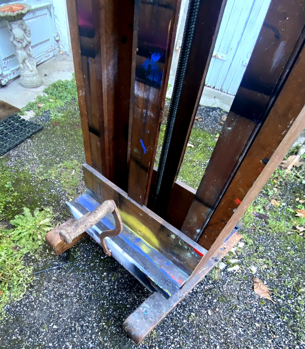 Géant Chevalet de Peintre en chêne XIXème bifaces a manivelle de" Paul Delvaux ", Peintre Belge-photo-3