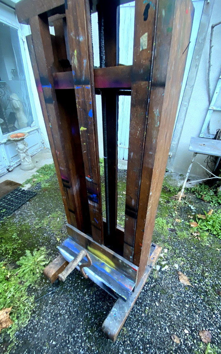 Géant Chevalet de Peintre en chêne XIXème bifaces a manivelle de" Paul Delvaux ", Peintre Belge-photo-4