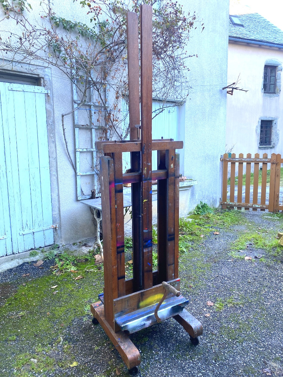 Géant Chevalet de Peintre en chêne XIXème bifaces a manivelle de" Paul Delvaux ", Peintre Belge