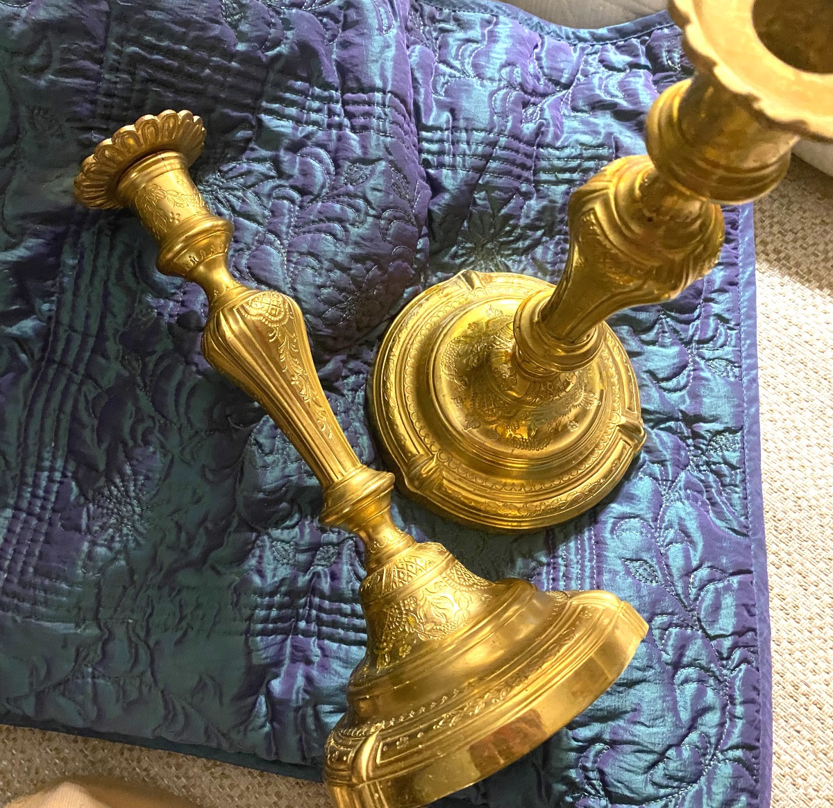 A Beautiful Pair Of Louis XV Period Bronze Candlesticks, Richly Chased And Mercury-gilded, 18th Century