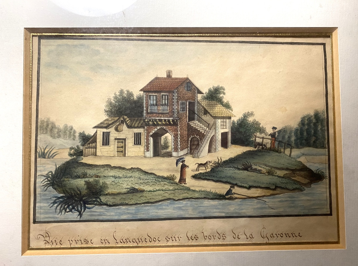 Charmant dessin encad. au lavis début 19ème Vue prise en Languedoc sur les bords de la Garonne -photo-2