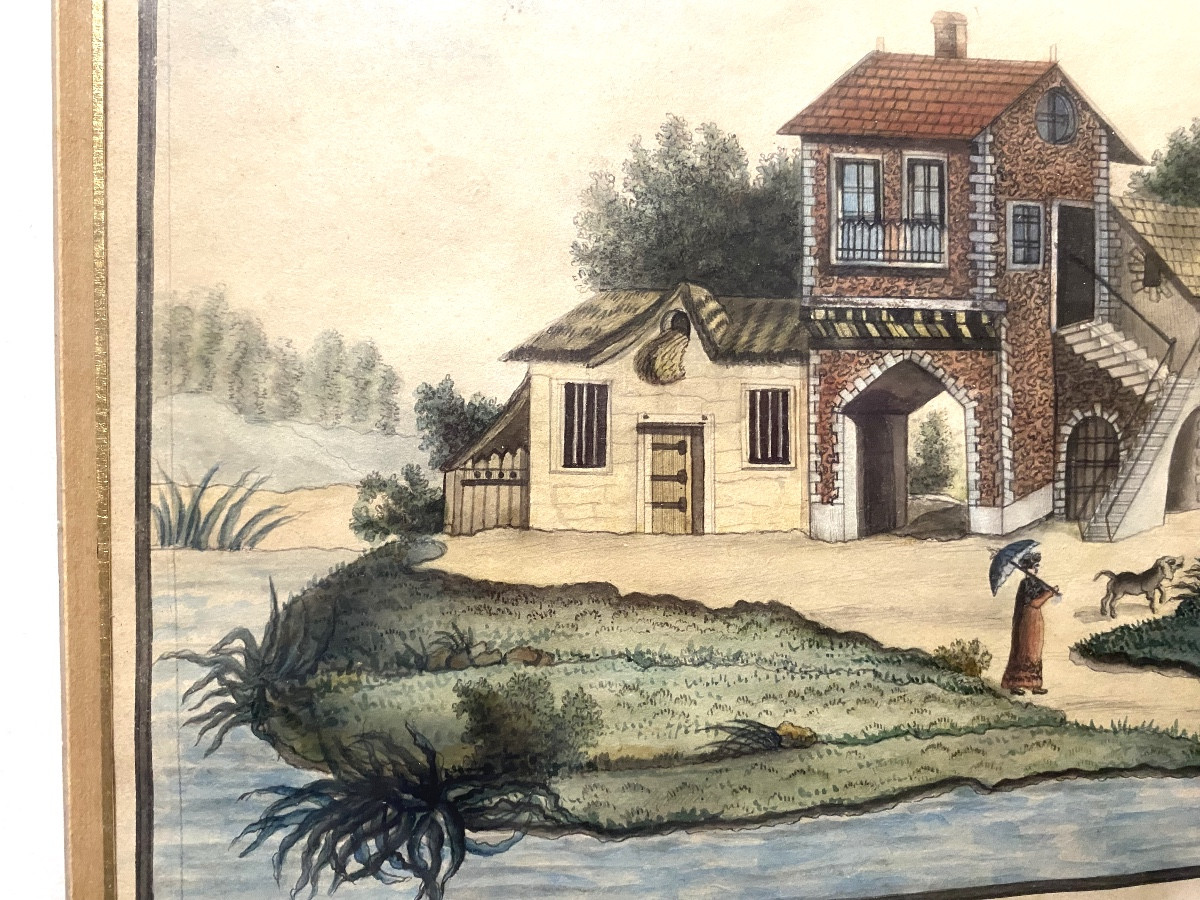 Charmant dessin encad. au lavis début 19ème Vue prise en Languedoc sur les bords de la Garonne -photo-3