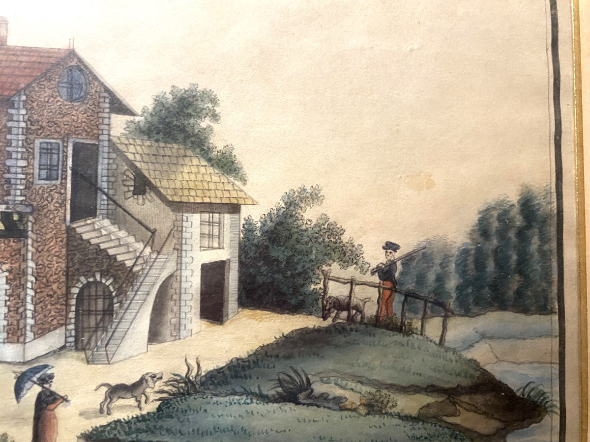 Charmant dessin encad. au lavis début 19ème Vue prise en Languedoc sur les bords de la Garonne -photo-4