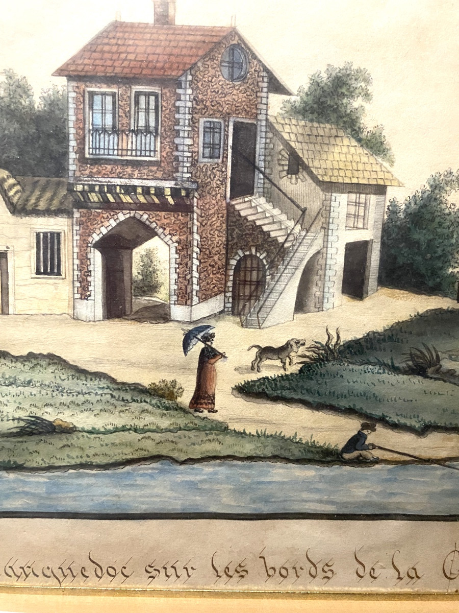 Charmant dessin encad. au lavis début 19ème Vue prise en Languedoc sur les bords de la Garonne -photo-1