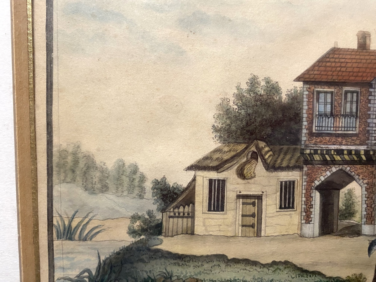 Charmant dessin encad. au lavis début 19ème Vue prise en Languedoc sur les bords de la Garonne -photo-2