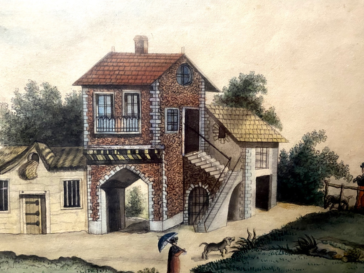 Charmant dessin encad. au lavis début 19ème Vue prise en Languedoc sur les bords de la Garonne -photo-3