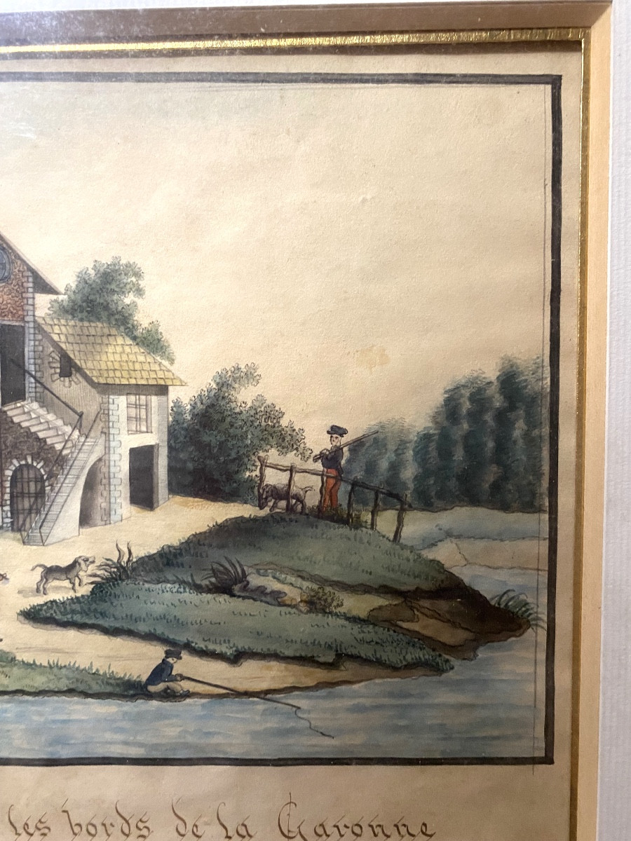 Charmant dessin encad. au lavis début 19ème Vue prise en Languedoc sur les bords de la Garonne -photo-4
