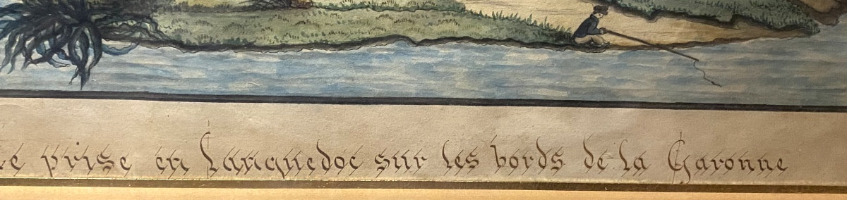 Charmant dessin encad. au lavis début 19ème Vue prise en Languedoc sur les bords de la Garonne -photo-6