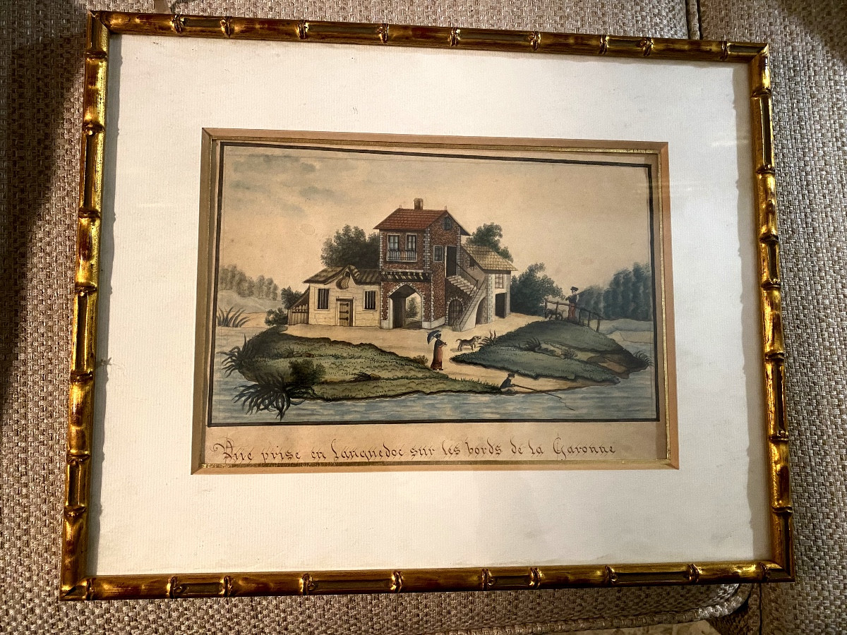 Charmant dessin encad. au lavis début 19ème Vue prise en Languedoc sur les bords de la Garonne -photo-7
