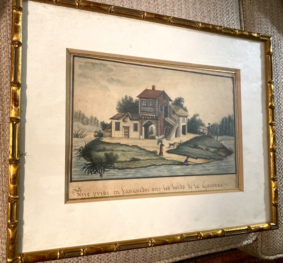 Charmant dessin encad. au lavis début 19ème Vue prise en Languedoc sur les bords de la Garonne -photo-8