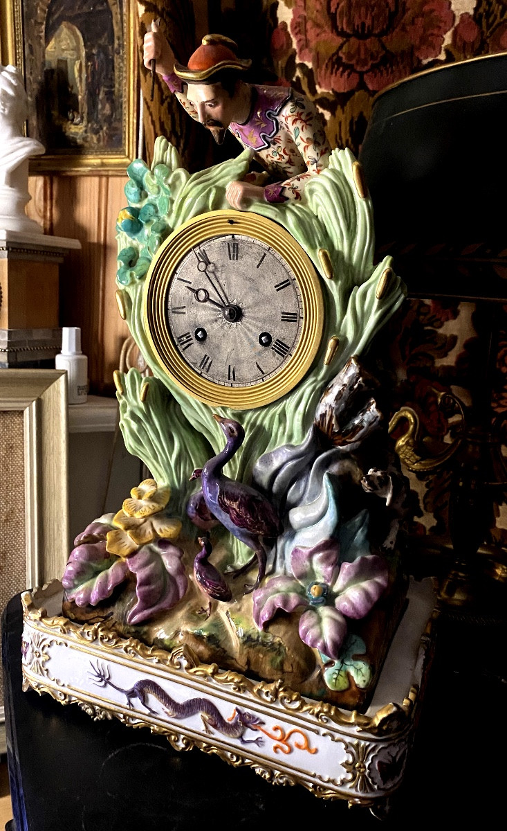 Beautiful Charles X Decorated Porcelain Clock "the Chi Nois Hunter" Attributed To Jacob Petit. -photo-1