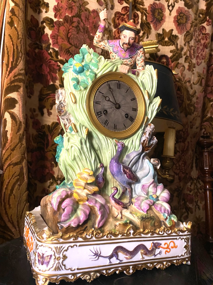 Beautiful Charles X Decorated Porcelain Clock "the Chi Nois Hunter" Attributed To Jacob Petit. 