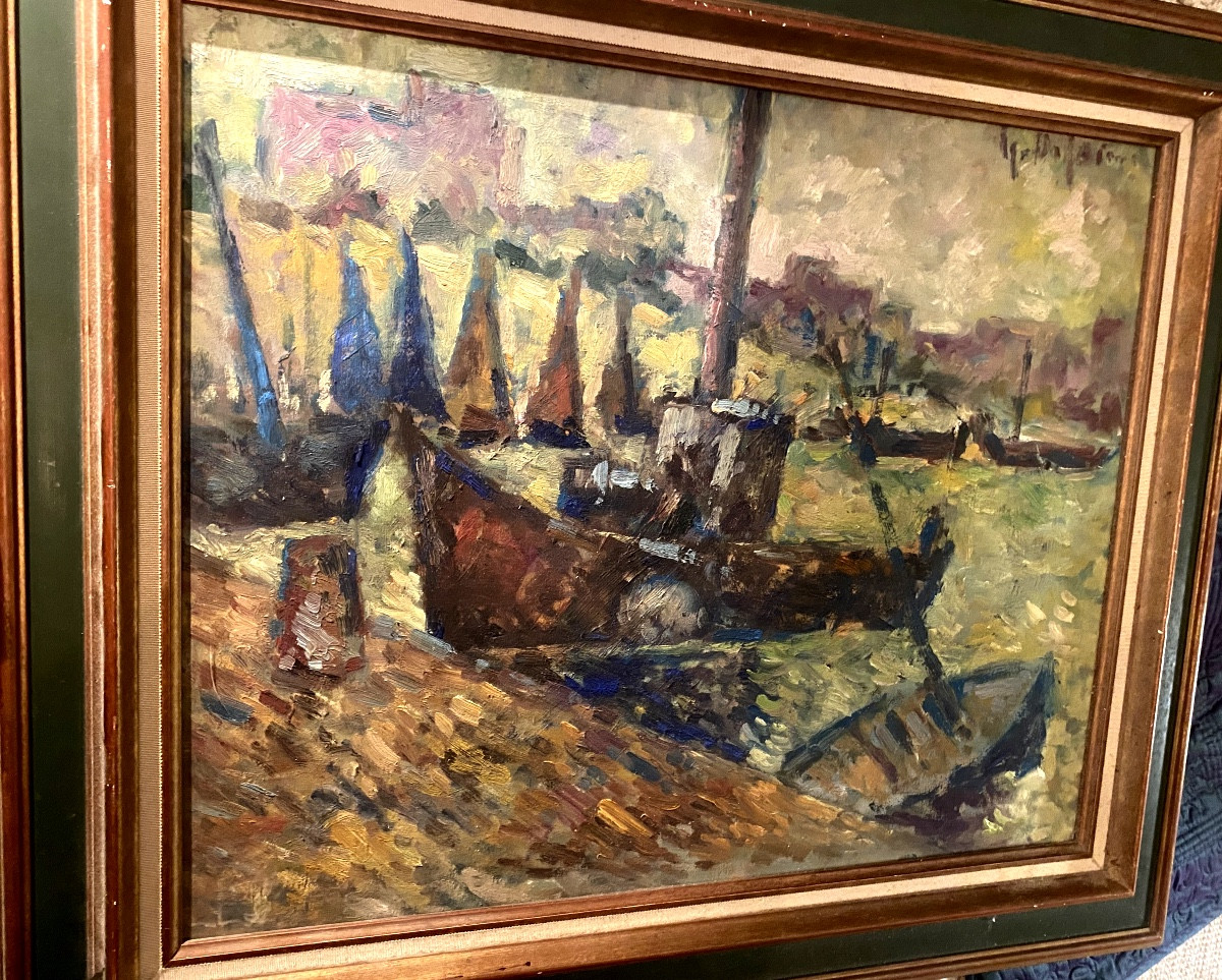 Large Framed Oil Painting On Panel Depicting A Steamship In A Port With Sailboats, 50/60-photo-1