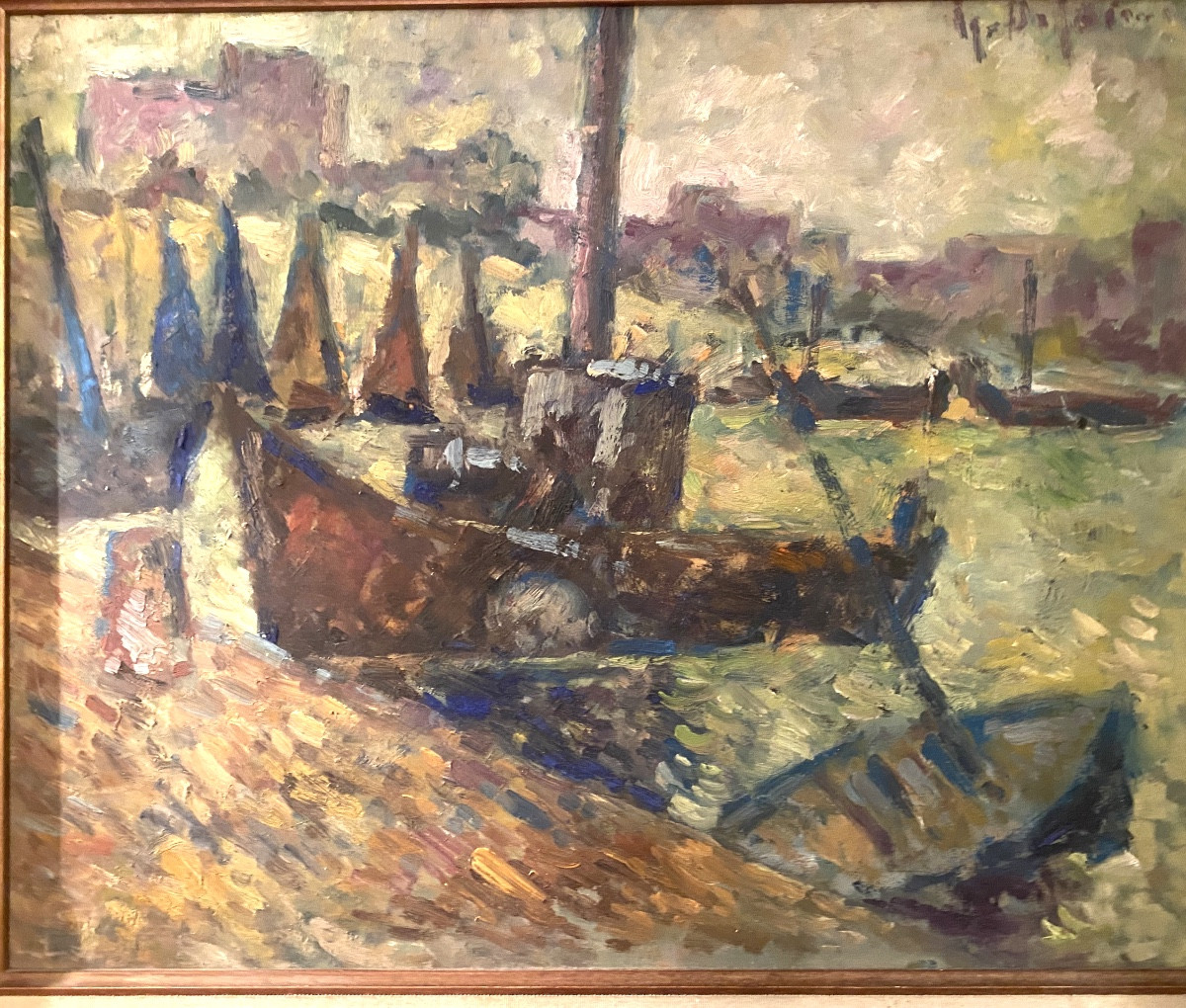 Large Framed Oil Painting On Panel Depicting A Steamship In A Port With Sailboats, 50/60-photo-2