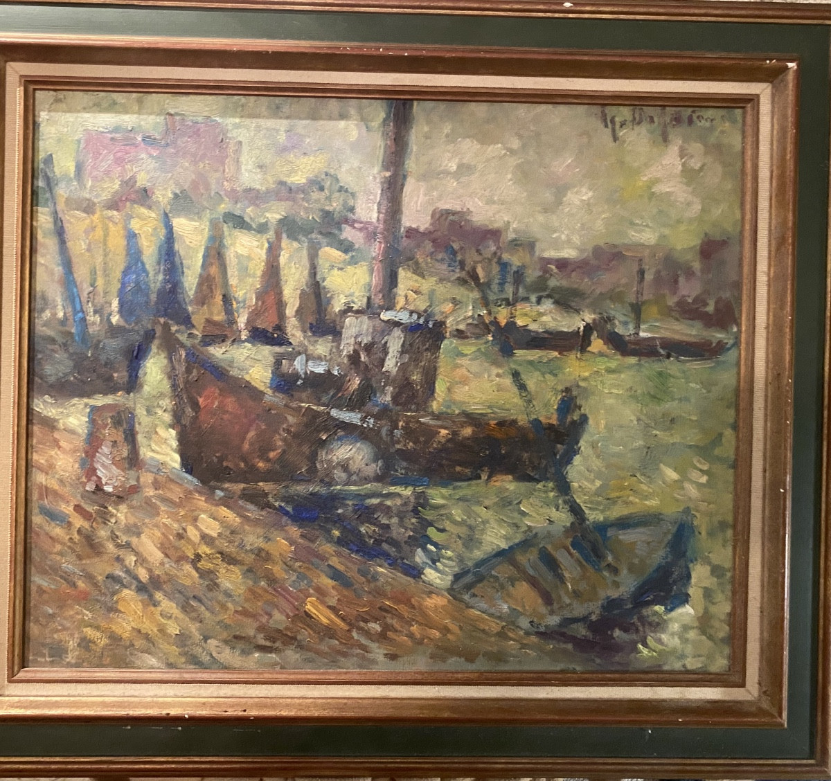 Large Framed Oil Painting On Panel Depicting A Steamship In A Port With Sailboats, 50/60-photo-7