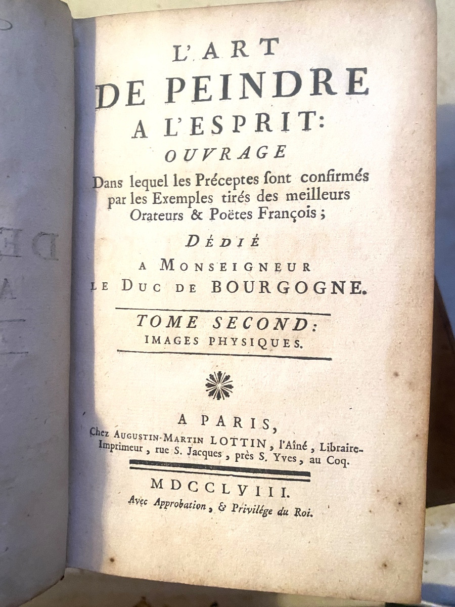 3 Vol. In 12 en veau blond: "L'Art de Peindre à l'Esprit", dédié à Mr le Duc de Bourgogne. 1758-photo-5