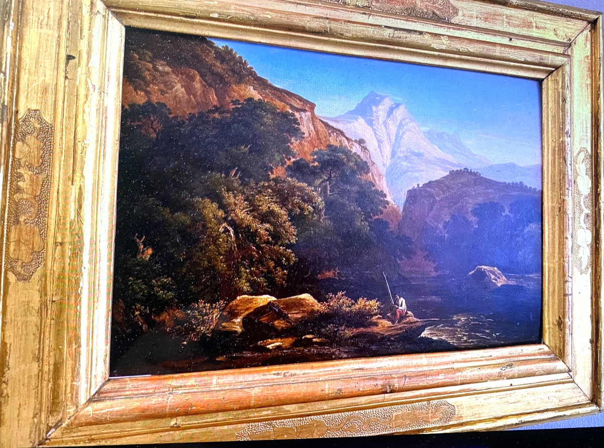  le"Pescatore " dans une vallée montagneuse, huile sur toile   encadrée de Luigi Venturi XIXème-photo-3