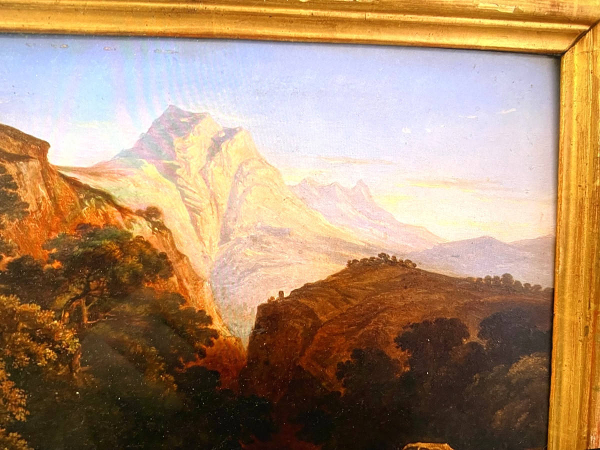  le"Pescatore " dans une vallée montagneuse, huile sur toile   encadrée de Luigi Venturi XIXème-photo-4