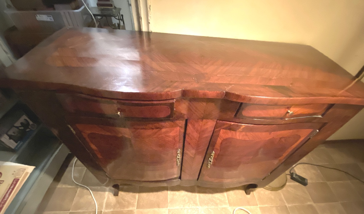 Elégant meuble Louis XV deux portes deux tiroirs en marqueterie a façade mouvementée XVIIIème-photo-4