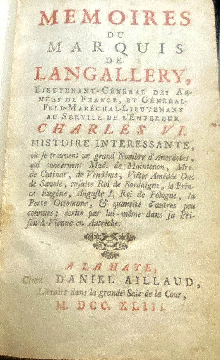 "memoirs Of The Marquis De Langallery", Lieutenant General &c. Under Charles Vi; 1 Vol. In 12mo. 1743-photo-3