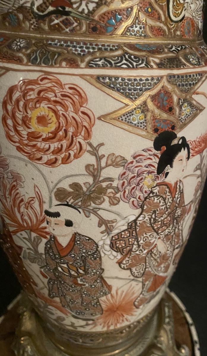 Grande lampe de salon en porcelaine de "Satsuma"19ème, soclée en France de bronzes ornementaux -photo-2
