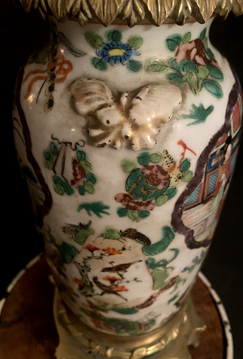 "canton" Porcelain Lamp, China, 18th Century, Composed Of A Vase With A Chiseled Bronze Mount-photo-4