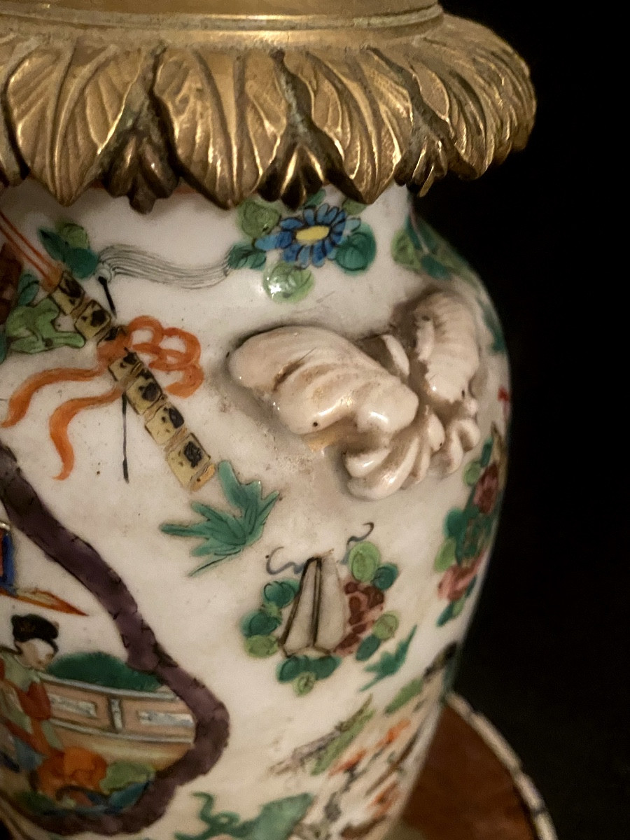"canton" Porcelain Lamp, China, 18th Century, Composed Of A Vase With A Chiseled Bronze Mount-photo-2